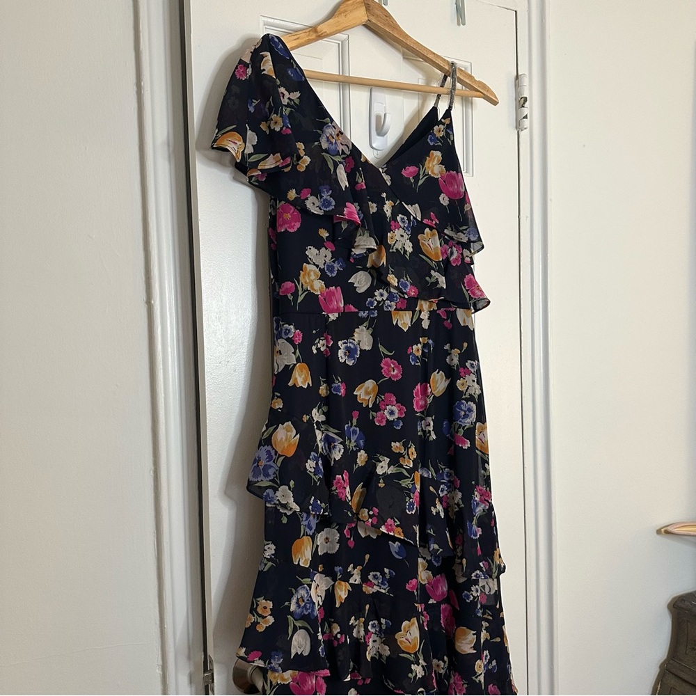 Lauren Ralph Lauren Floral Crinkled Georgette Dress Blue Tiered Ruffle Beaded 6 - Picture 10 of 12